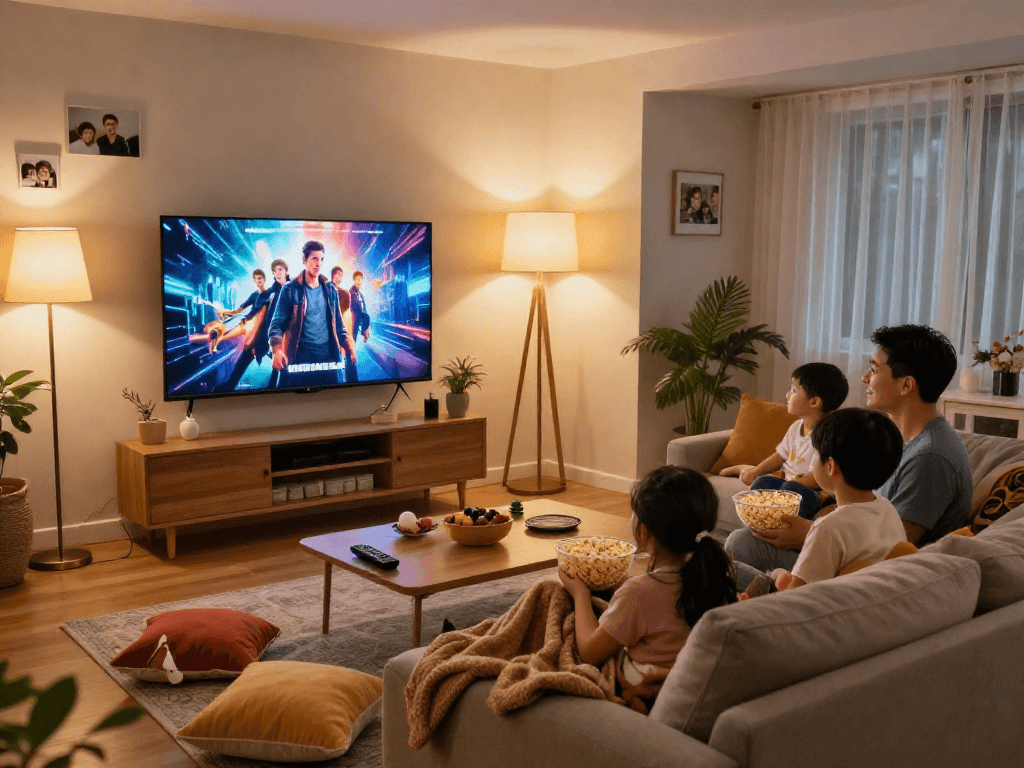 Cozy family movie night at home with Iron tv pro streaming, popcorn, and warm lighting