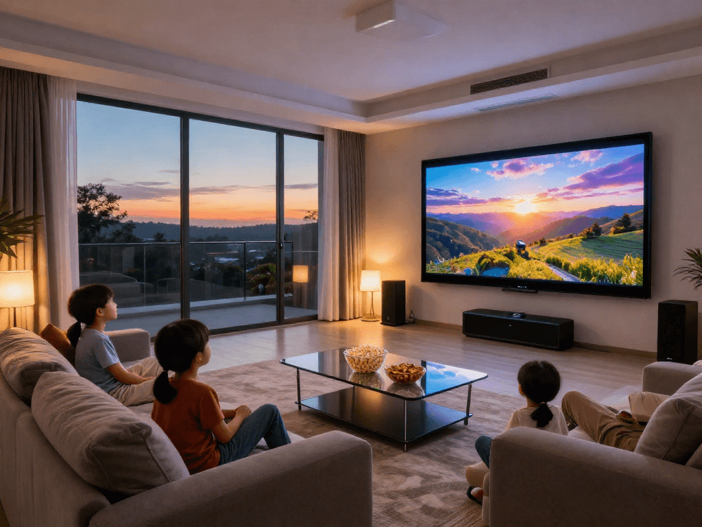 Configuration moderne de télévision avec Iron tv pro sur écran et famille appréciant un moment ensemble