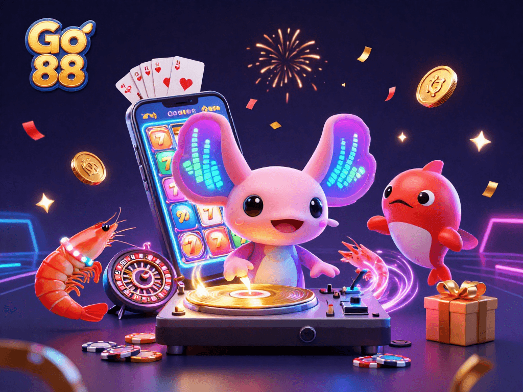 Join the vibrant scene at Go 88, where a neon axolotl DJ spins away amidst shimmering slot games and lively sea creatures.