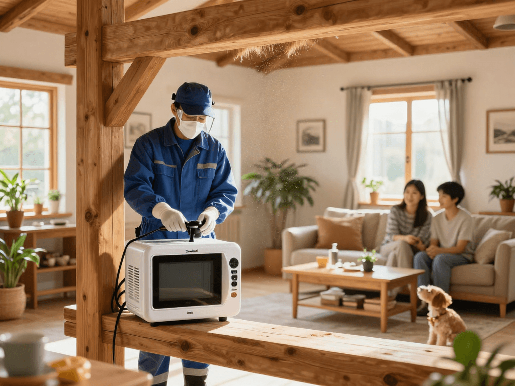 Traitement de bois Shashel® à domicile, professionnel en action pour éliminer les insectes.