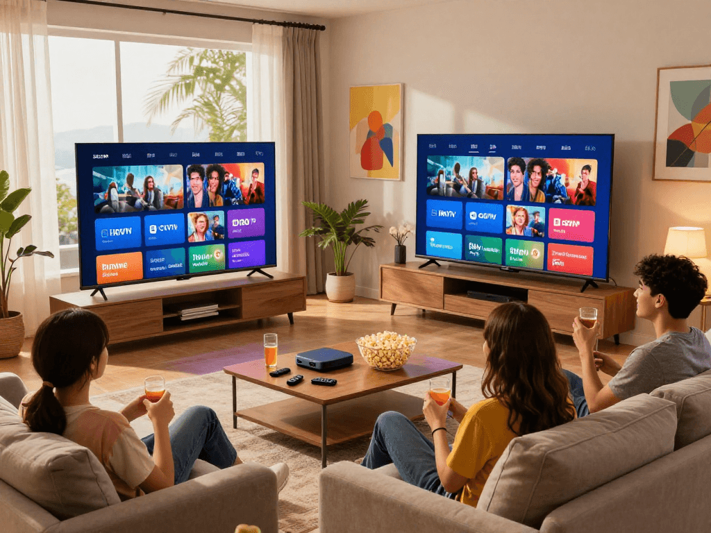 Utilisation de l'abonnement Iron tv pro pour un streaming de qualité dans un salon moderne.