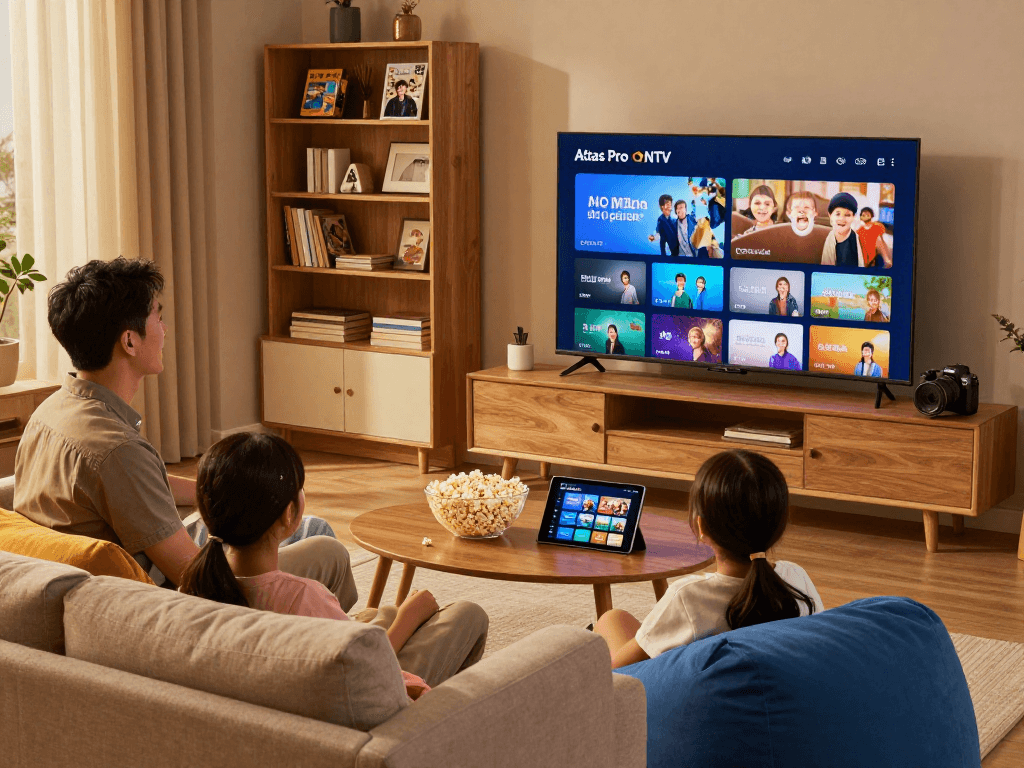 Expérience de divertissement familial avec l'application Atlas Pro ONTV sur grand écran et ambiance chaleureuse.