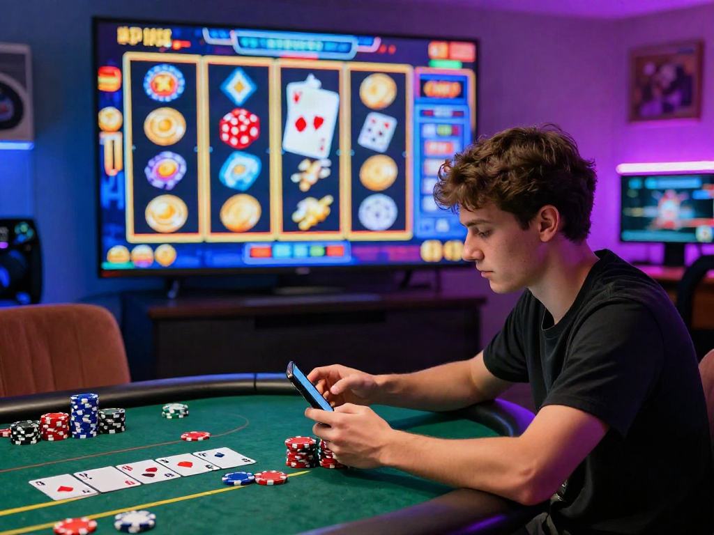 Un joueur engagé dans un casino français en ligne, entouré de graphiques de jeux et d'effets lumineux excitants.