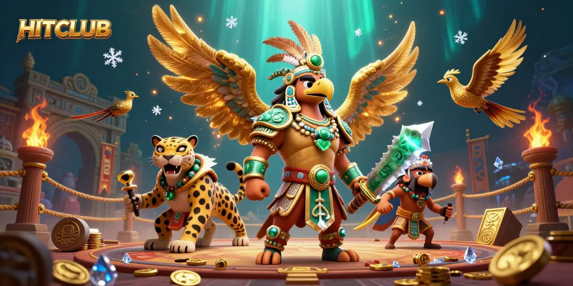 Engage with HITCLUB's vibrant casino illustration featuring Aztec warriors and dynamic game elements.