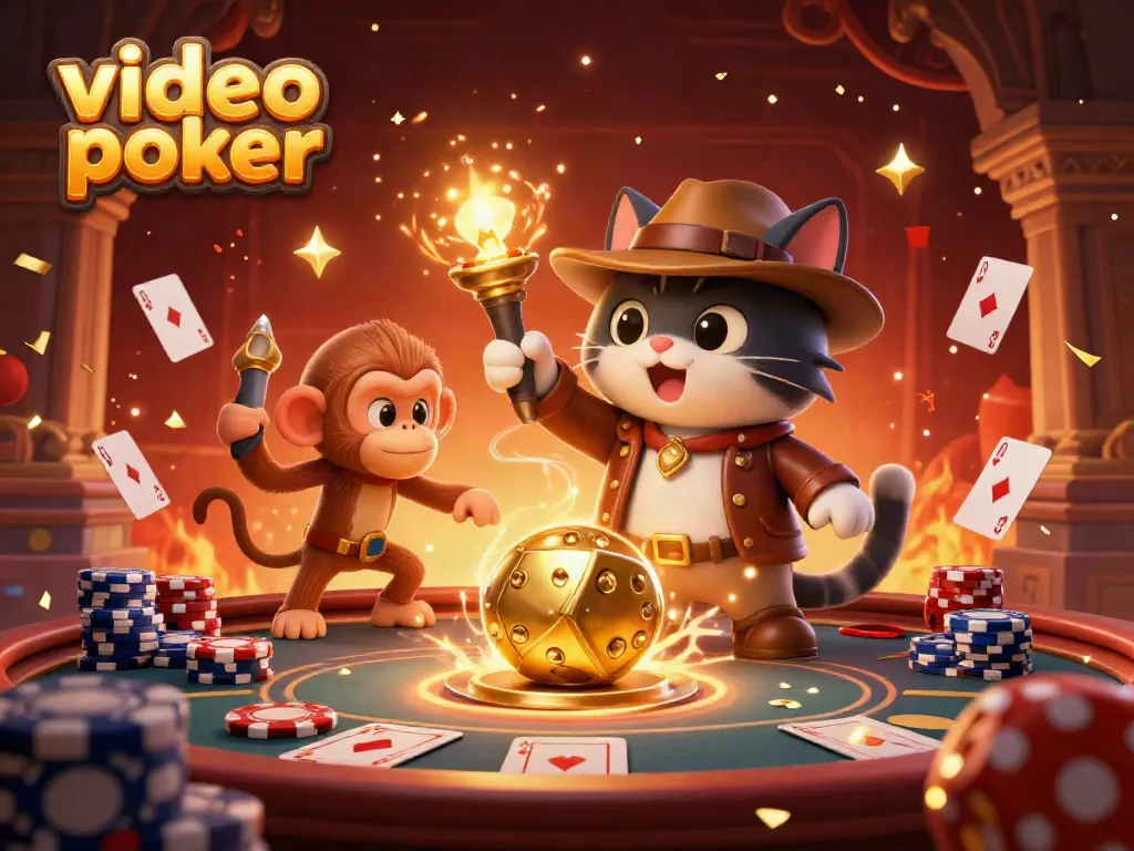 Engage in exciting video poker adventures with our dynamic explorer characters in a vibrant casino scene.