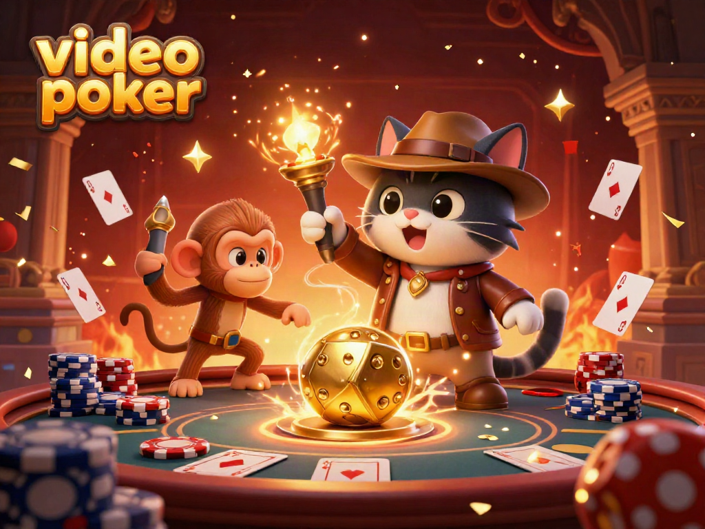 Engage in exciting video poker adventures with our dynamic explorer characters in a vibrant casino scene.