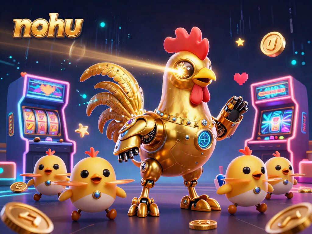 NoHu features a golden rooster robot amidst vibrant casino elements, showcasing exciting gameplay.