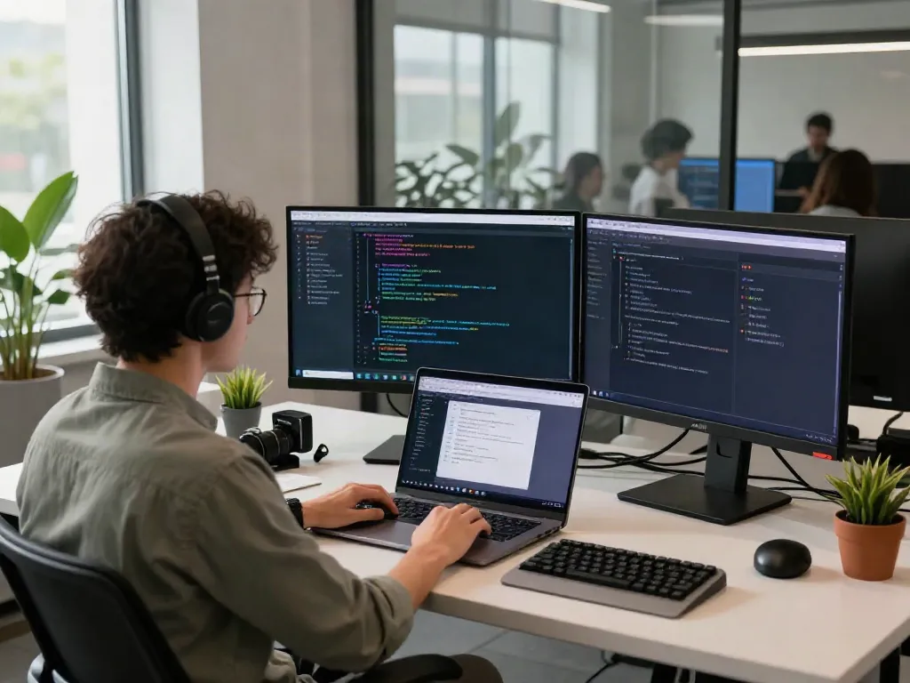 Developer engaged in uncensored AI chat in a modern tech workspace.