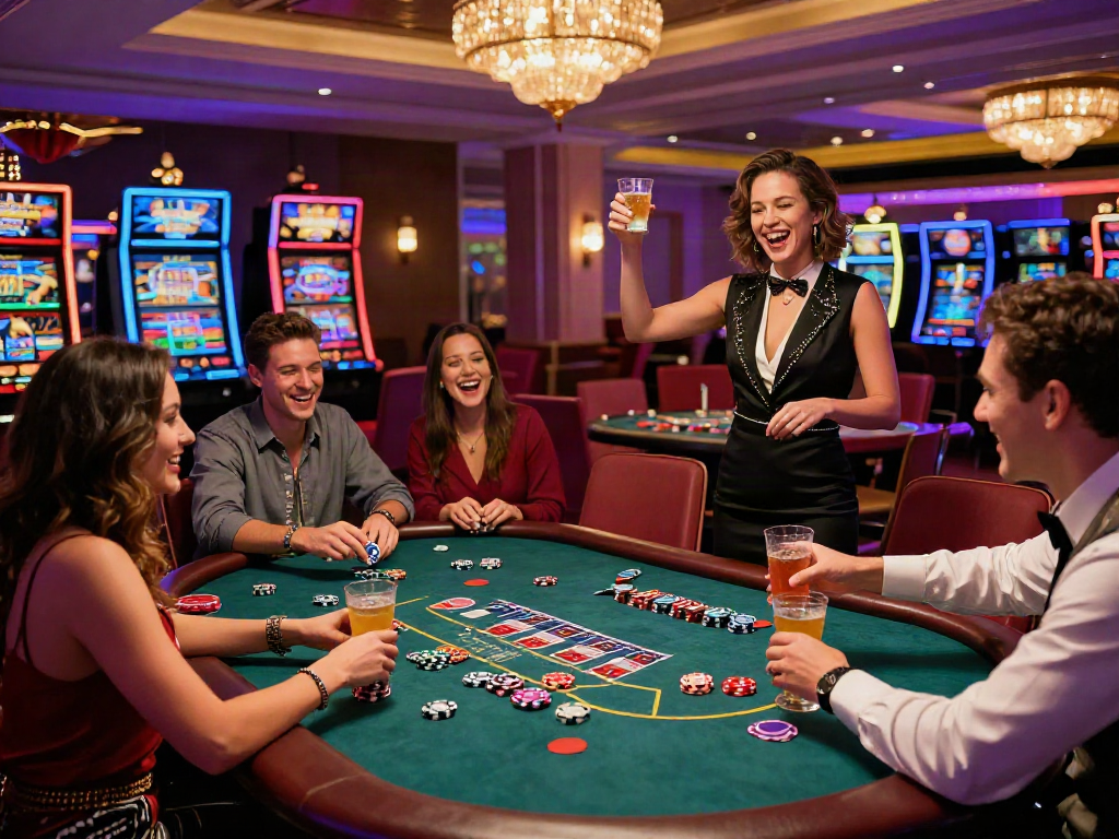 Scène excitante de jeu dans un casino avec des amis fêtant une victoire au blackjack, mettant en avant les meilleurs casinos en ligne.