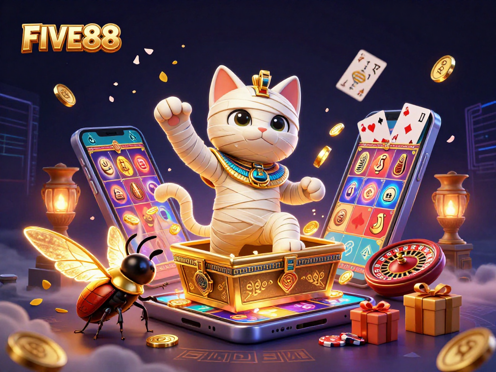 Engage with FIVE88 through a vibrant casino world, featuring a mummy cat and glowing scarab