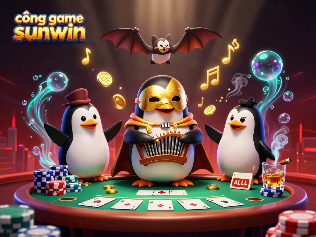 Engaging scene of cổng game sunwin featuring a masked penguin playing a coin-shooting organ.