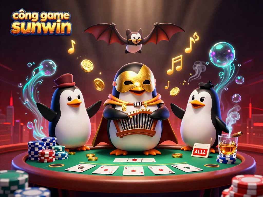 Engaging scene of cổng game sunwin featuring a masked penguin playing a coin-shooting organ.