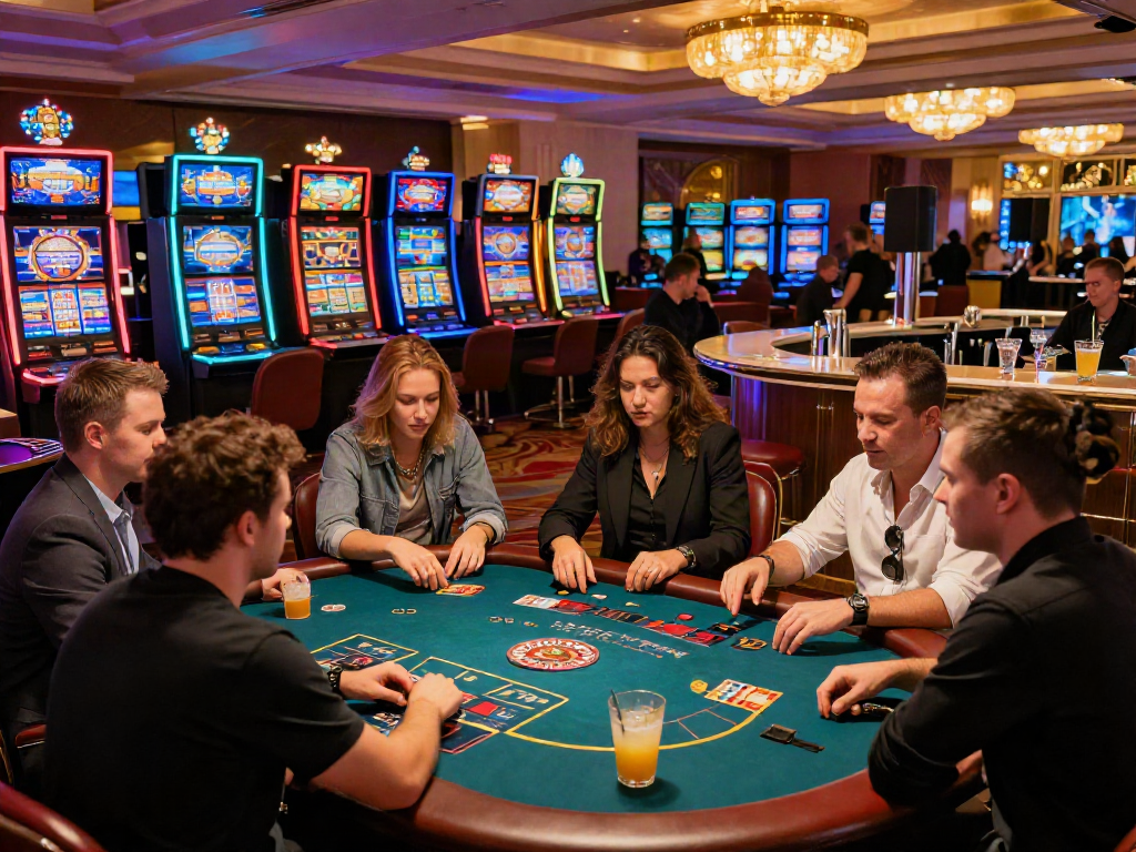Expérience immersive de casino français en ligne avec joueurs autour de tables de poker et machines à sous lumineuses.