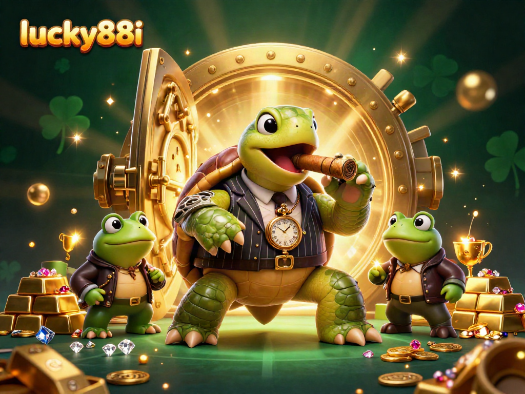 Join the fun at lucky88i with a 3D turtle mobster and bullfrogs showcasing casino excitement
