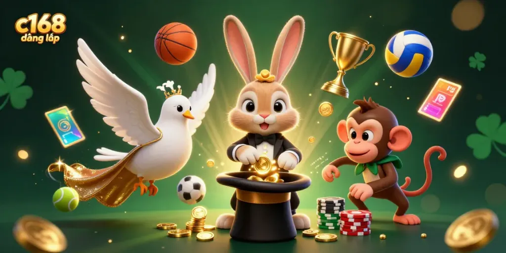 Experience c168 đăng nhập with a magical 3D scene of a rabbit, dove, and monkey in an engaging casino environment.