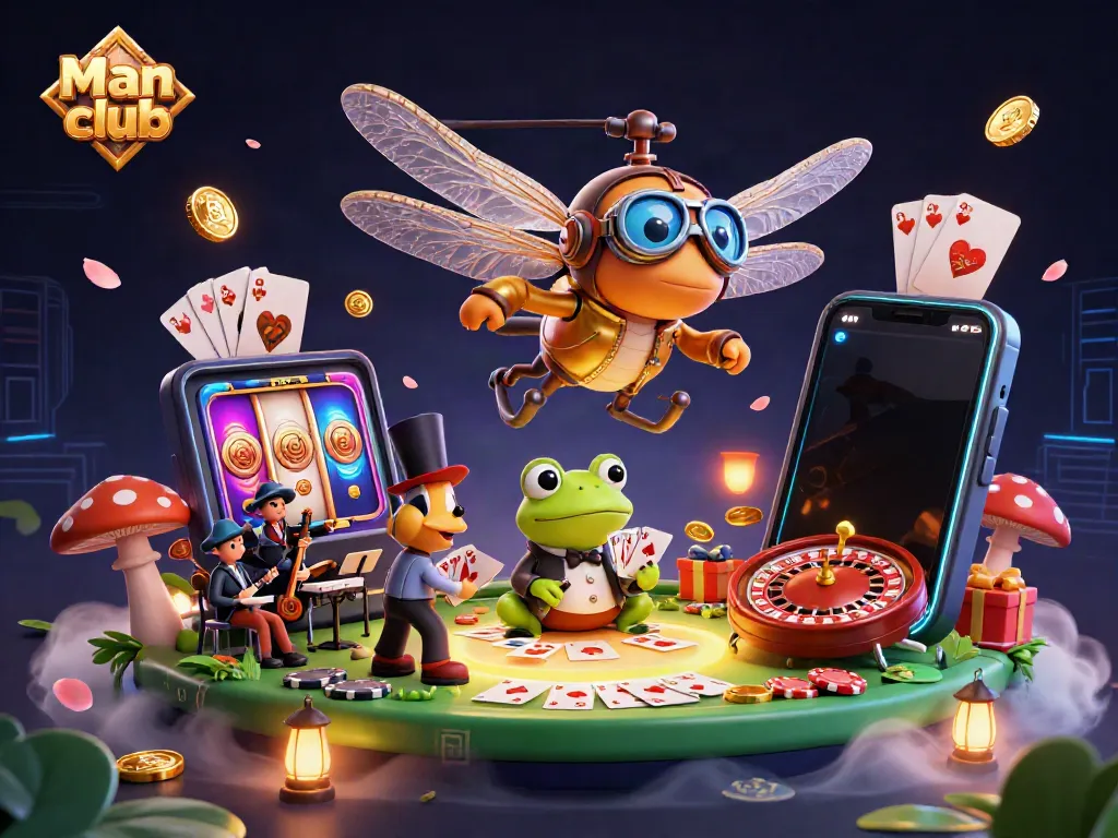 Experience thrilling gameplay at Man club with a dynamic casino scene showcasing a frog croupier and mobile games.
