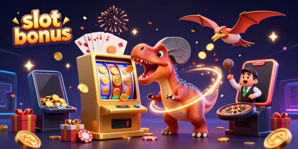Experience the excitement of the slot bonus with a dynamic 3D scene featuring a dinosaur, casino elements, and jackpot wins.