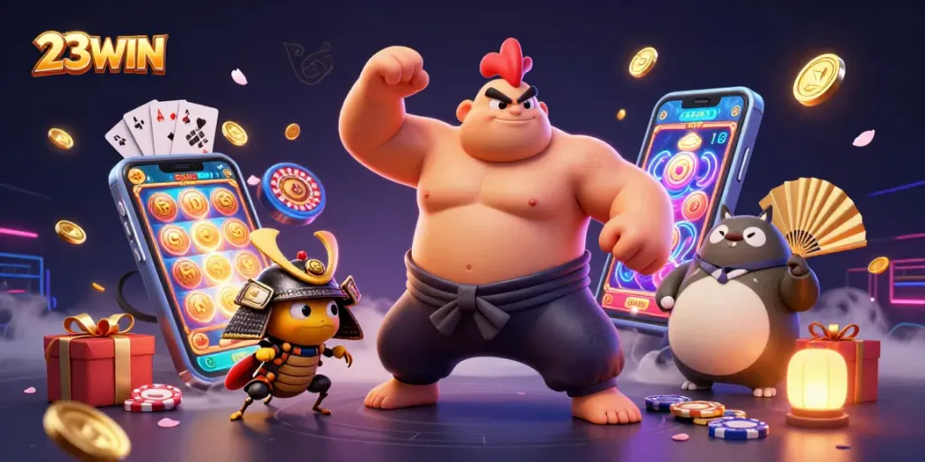 Experience immersive gaming with 23WIN showcasing vibrant characters and dynamic casino elements.