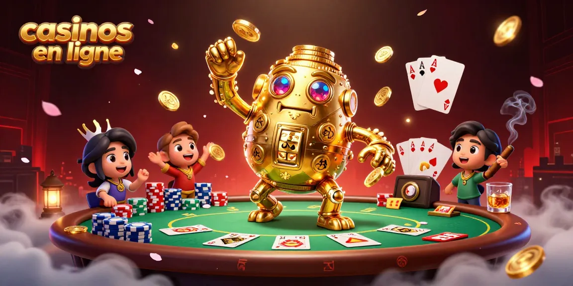 Découvrez les casinos en ligne à travers une scène dynamique avec un golem en pièces d'or, symboles de machines à sous et ambiance festive.