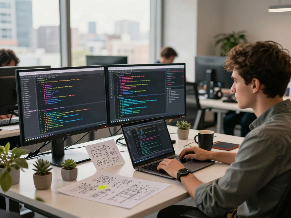 Développeur de logiciels travaillant sur Atlas pro dans un bureau moderne avec plusieurs écrans.