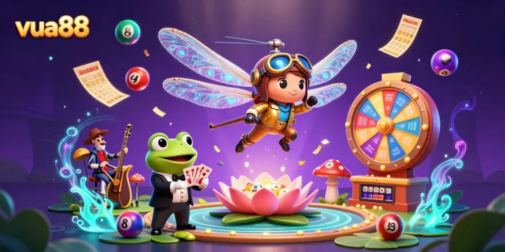 Experience thrilling moments at vua88 as a dragonfly pilot and frog croupier engage in dynamic casino fun.