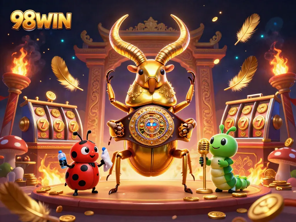 Capture thrilling moments with 98WIN's energetic casino atmosphere featuring golden beetles and dynamic symbols.