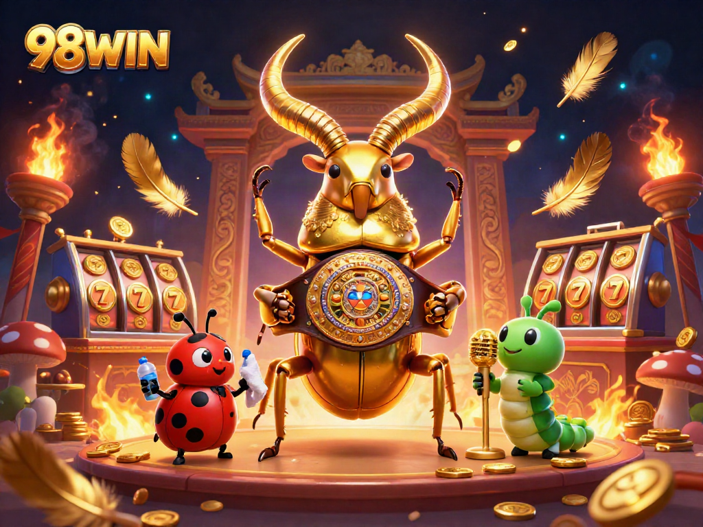 Capture thrilling moments with 98WIN's energetic casino atmosphere featuring golden beetles and dynamic symbols.