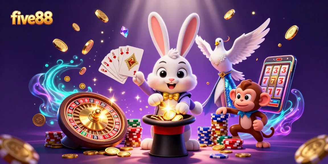 Experience the excitement of five88 as the magician rabbit conjures golden coins amidst a lively casino scene.