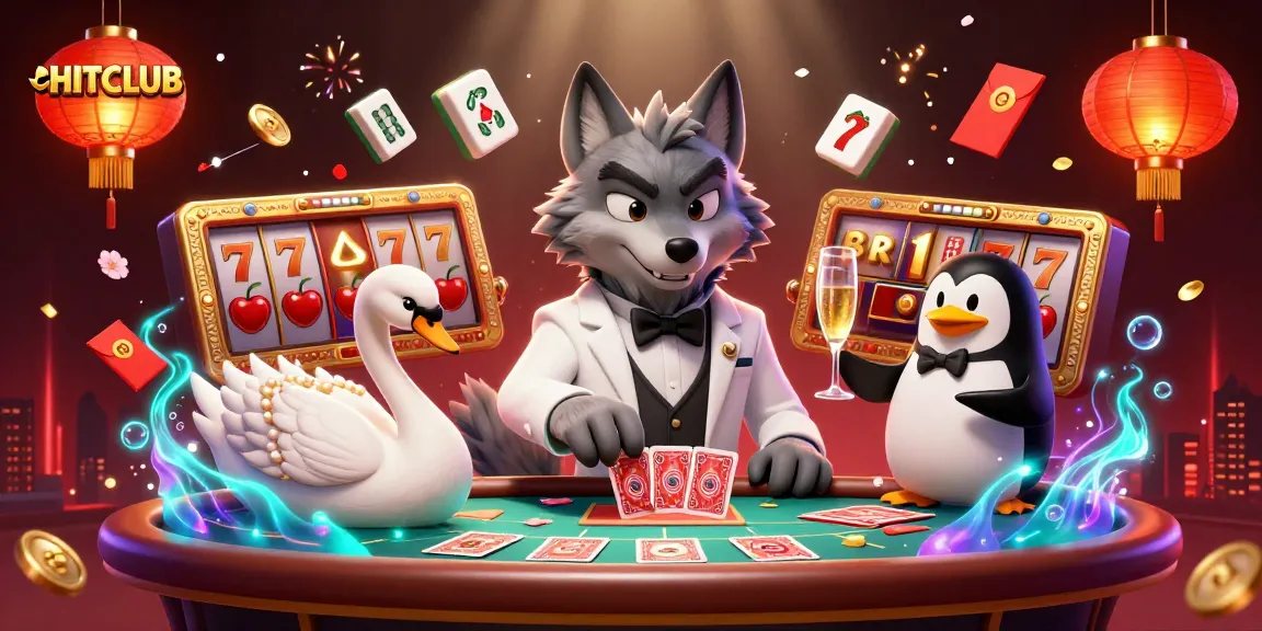 HITCLUB presents a vibrant casino scene with characters and dynamic slot game elements.