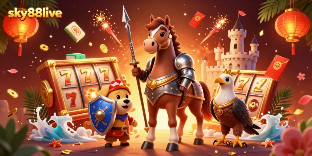 Engage in thrilling gameplay at sky88live with dynamic scenes featuring knights and jackpot excitement.