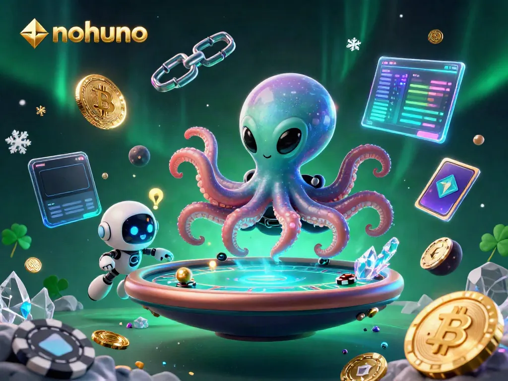 Engage in thrilling games at nohuno, featuring a playful alien octopus and exciting poker elements in a cosmic casino.