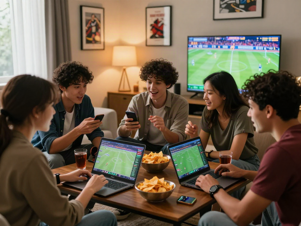 Groupe d'amis discutant du meilleur site de pari sportif, analysant des statistiques sur des ordinateurs et smartphones, ambiance conviviale.