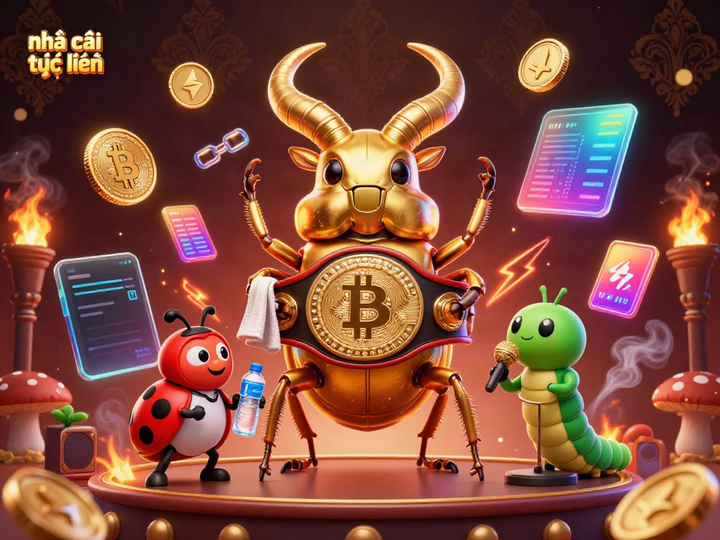 Engage with nhà cái trực tuyến in a rich 3D illustration of a surreal boxing match featuring a golden stag beetle and more.