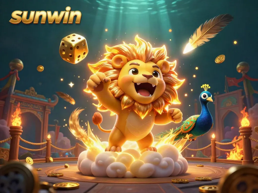 Experience the thrill of sunwin with vibrant golden dice, winning tokens, and an animated casino scene.