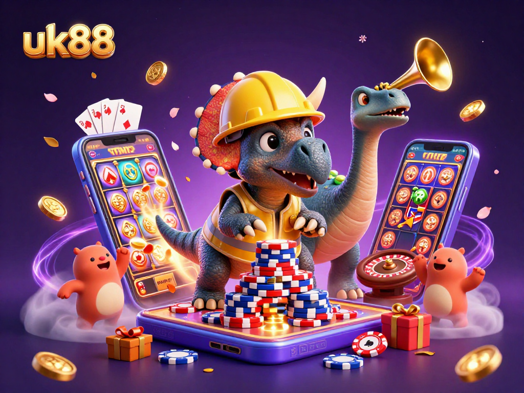 Win big with exciting games at uk88, showcasing vibrant characters in a dynamic casino scene.