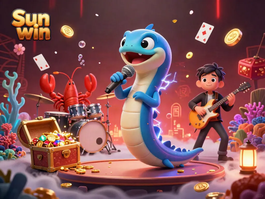 Experience exhilarating gaming moments with Sun win at a vibrant underwater casino stage featuring dynamic characters.