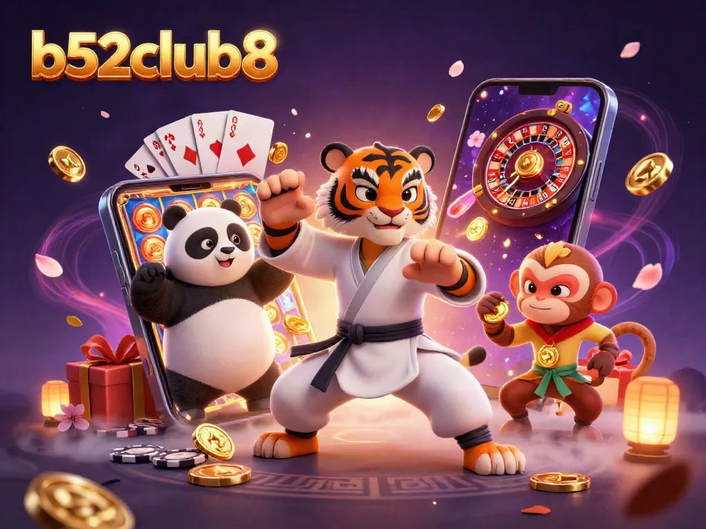 Win big with b52club8 in this vibrant 3D casino scene featuring a playful tiger master and energetic game elements.