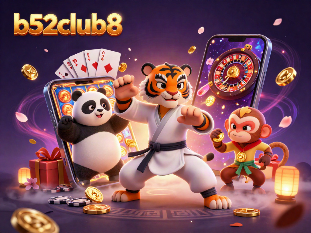 Win big with b52club8 in this vibrant 3D casino scene featuring a playful tiger master and energetic game elements.