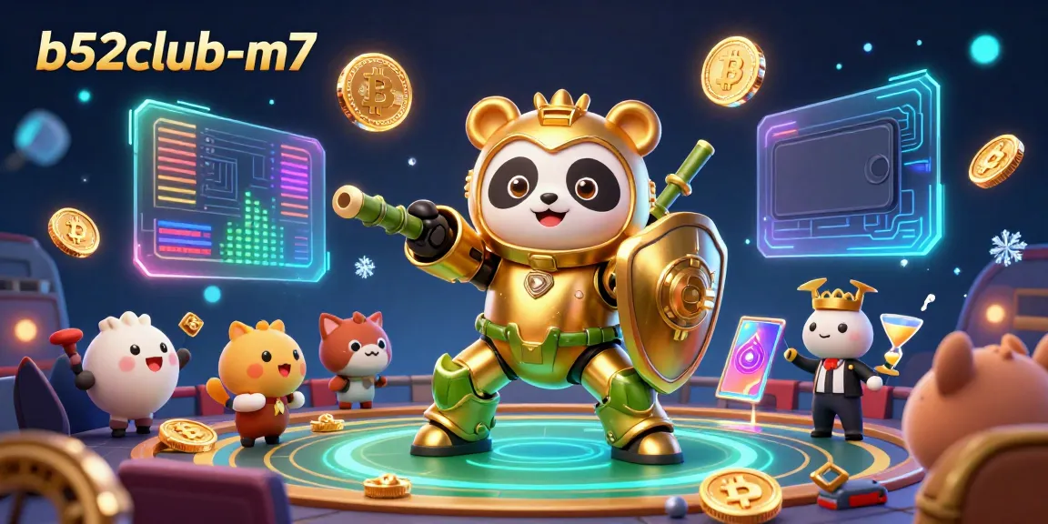 Engage with b52club-m7's vibrant 3D casino scene featuring crypto elements and bustling spectators.