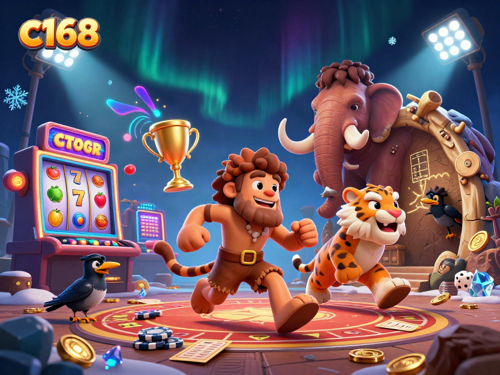C168 slots casino illustration with cartoon caveman, tiger, and crow showcasing gaming excitement.