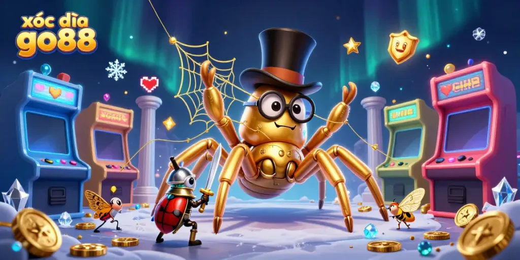 Engage in the exhilarating gameplay of xóc đĩa go88, featuring vibrant characters and arcade elements in a festive casino atmosphere.