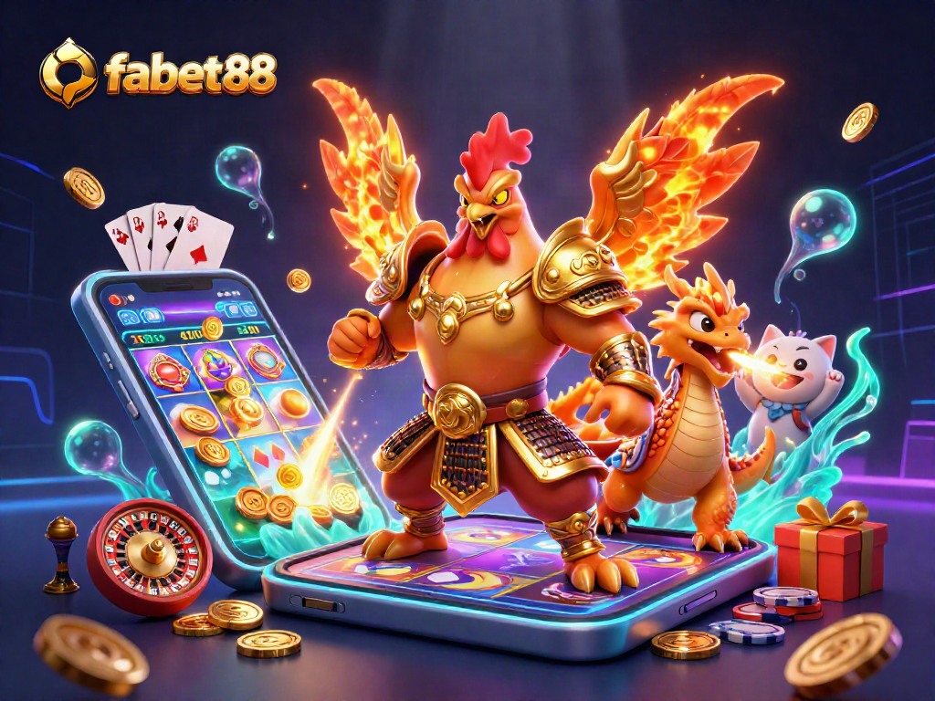 Join the fabet88 adventure with a fierce fighting rooster and dragon in an exciting casino scene