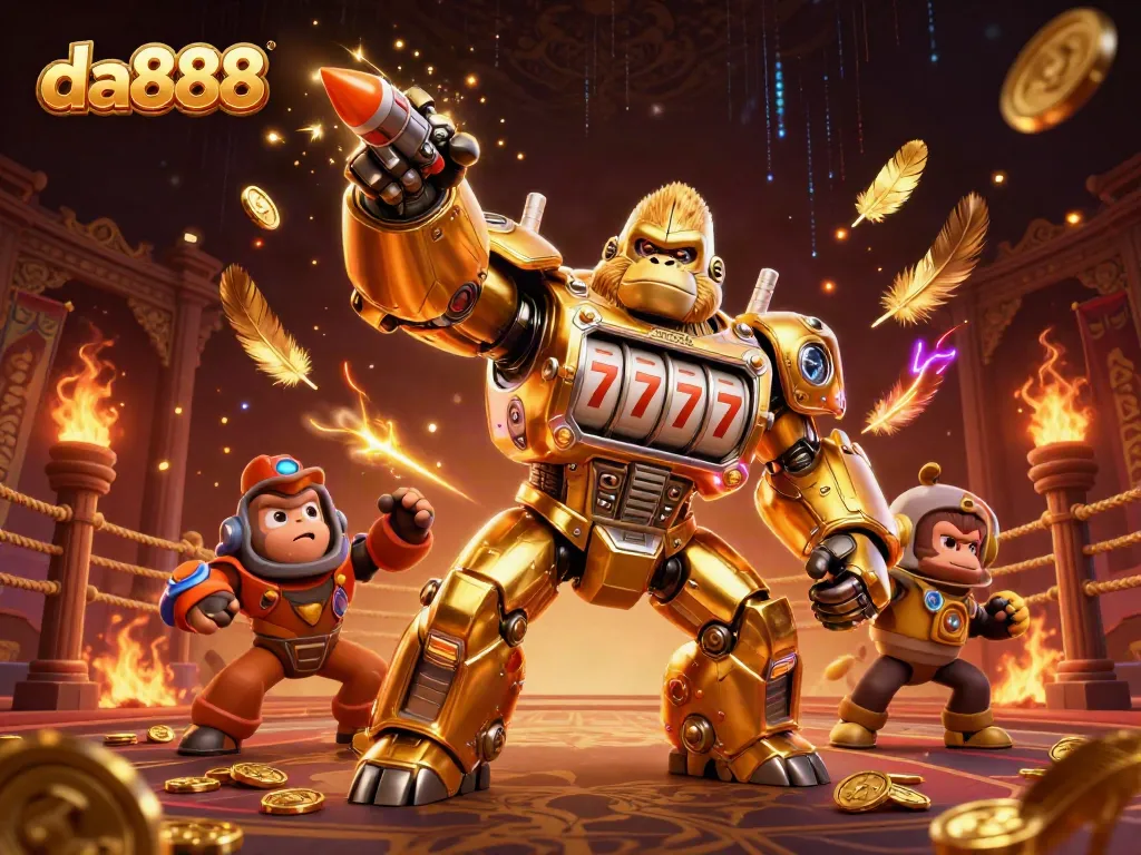 Experience gaming excitement with the da888 golden gorilla mech amidst swirling golden feathers and vibrant casino elements.