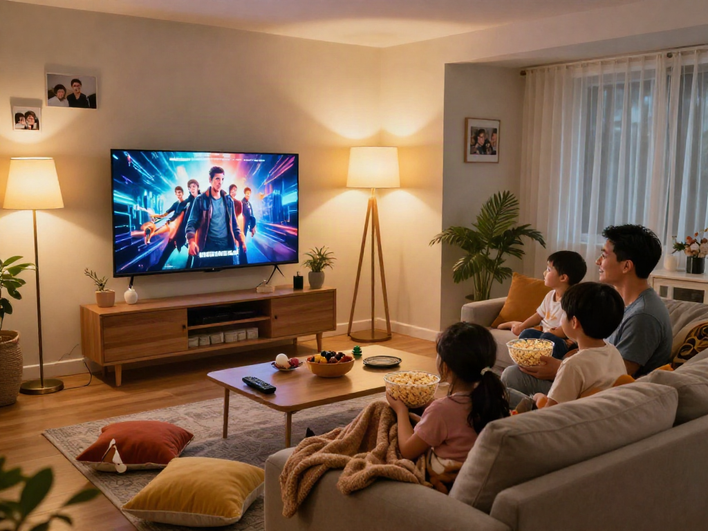 Cozy family movie night at home with Iron tv pro streaming, popcorn, and warm lighting