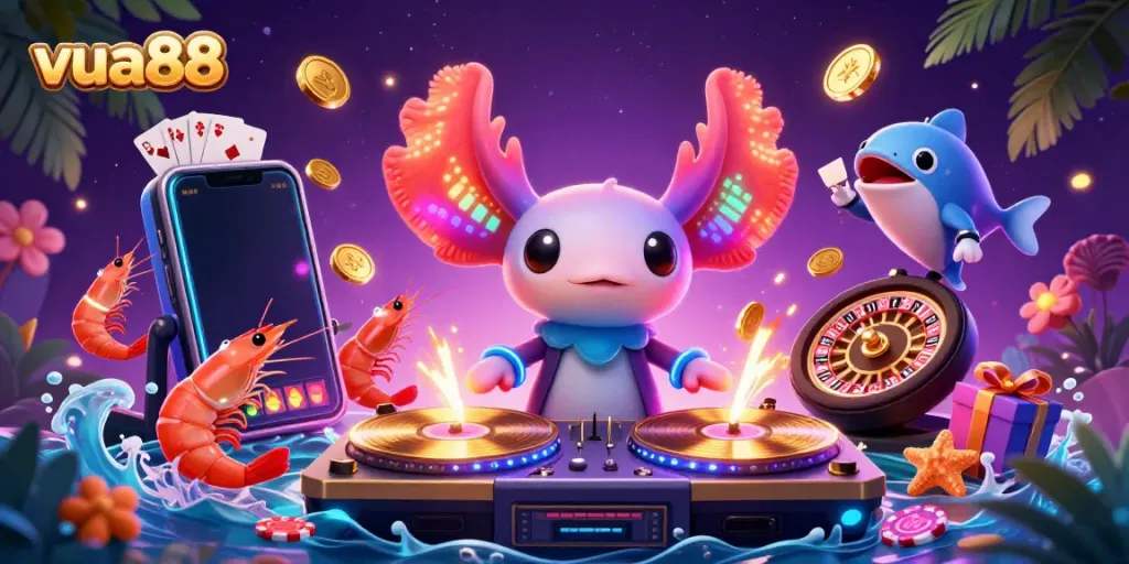 Engage in the vibrant world of vua88 with an epic underwater casino party scene featuring a DJ axolotl.