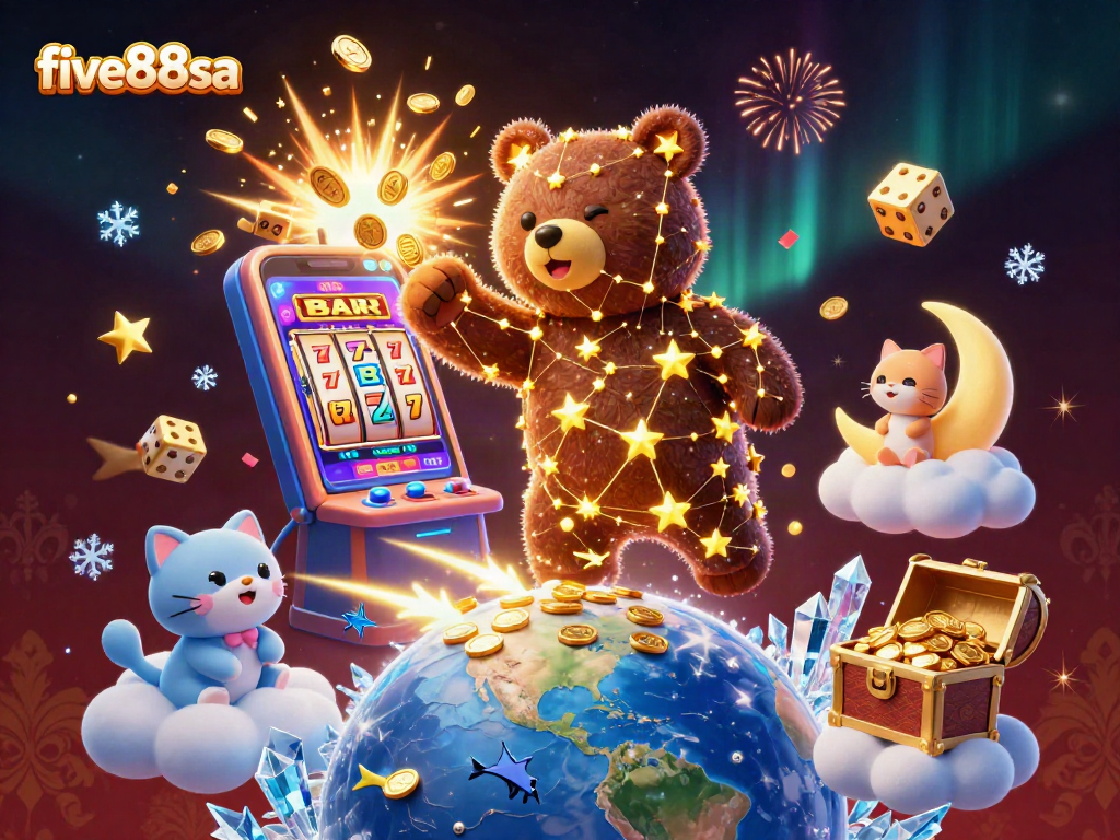 Engage with five88sa's thrilling casino action featuring a lucky constellation bear and golden jackpot!