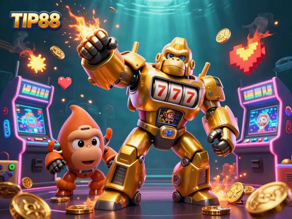 Experience thrilling gaming action with TIP88 in a vibrant 3D casino scene featuring a golden gorilla mech.