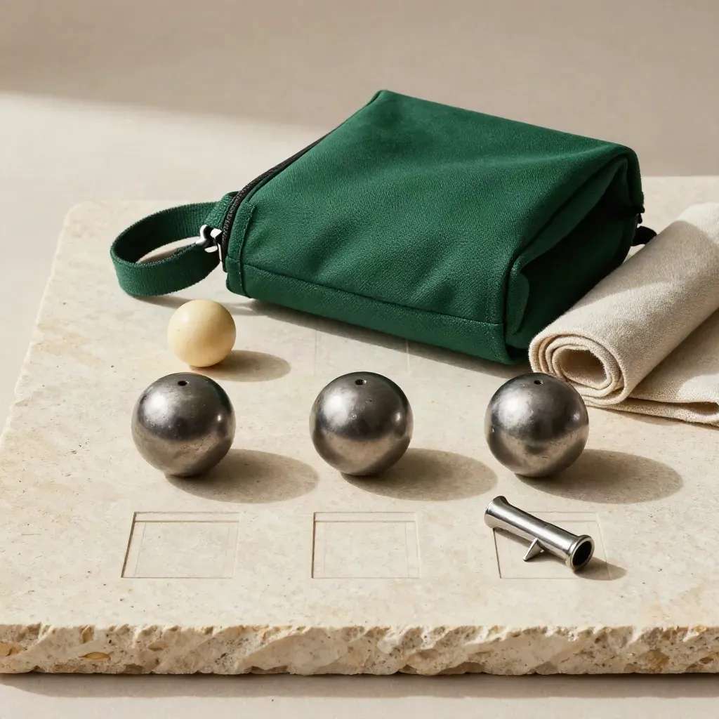 Kit de pétanque de voyage avec boules, cochonnet, sac et chiffon sur pierre claire.