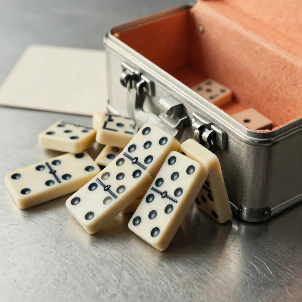 Dominos épais et étui sur surface en métal brossé, cascade figée en gros plan.