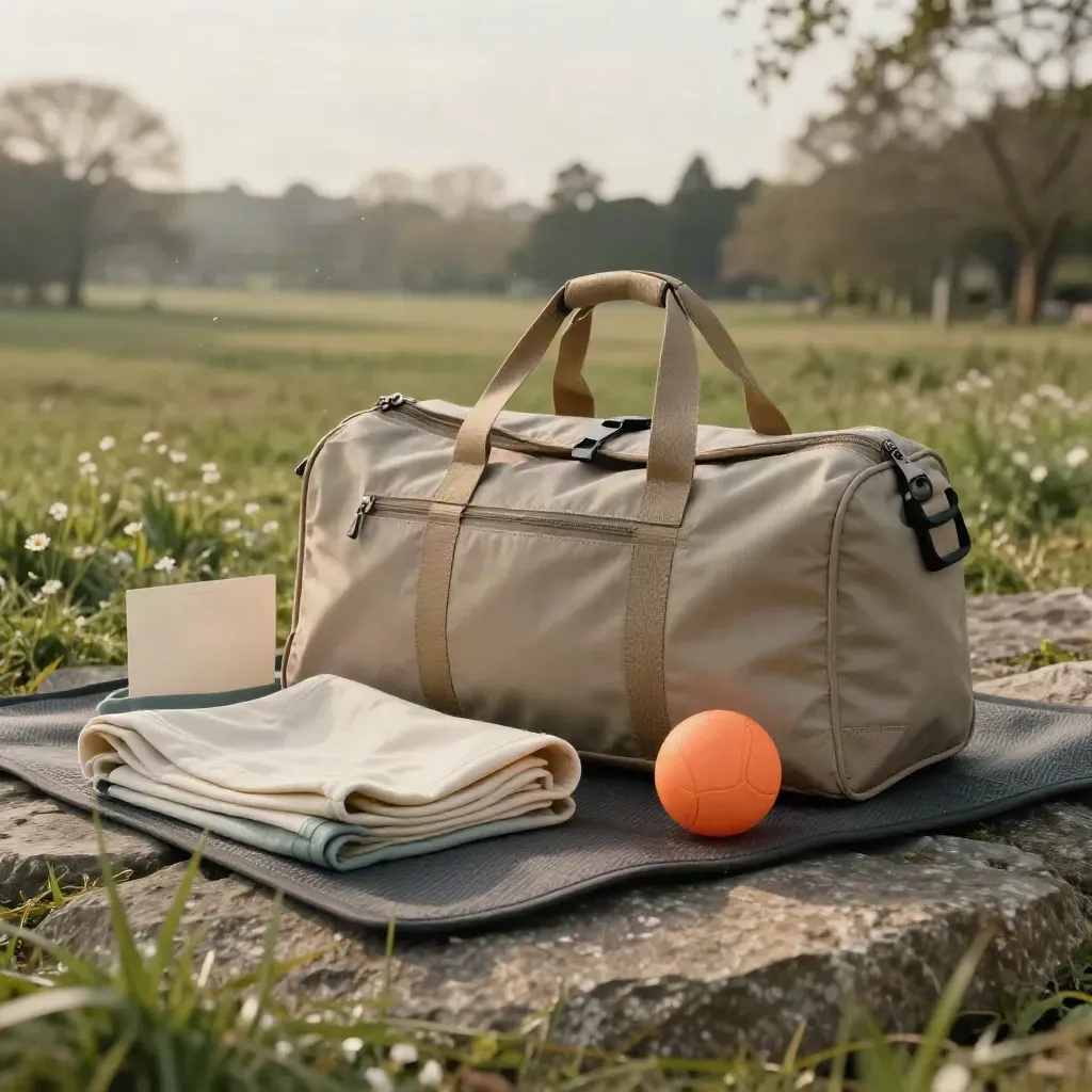 Pack famille plein air avec sac souple, ballon, couverture pliée et accessoires dans un parc.